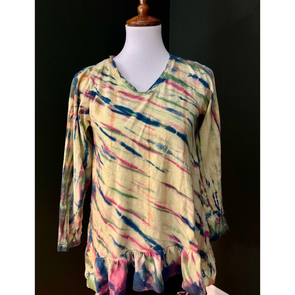 LOGO Lounge Tie Dye Long Sleeve Ruffle Hem Boho Top Women's XXS